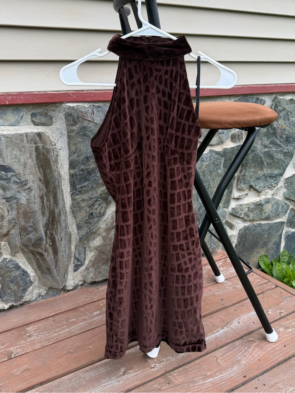 Vintage Brown High-Neck Halter Mini Dress